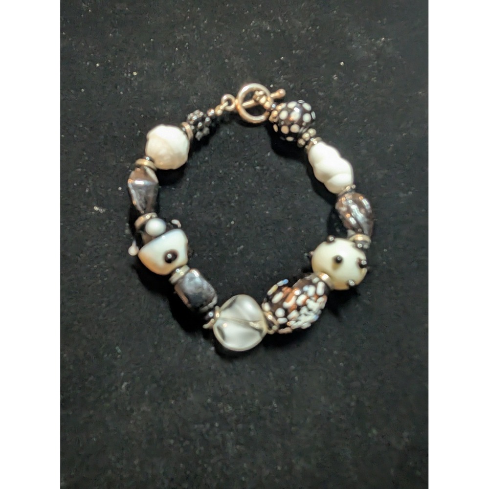 Sterling Silver 925 Black White Lampwork Glass Beaded Panda Toggle Bracelet